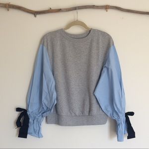 Grey Crew Neck Sweater with Blue Sleeves